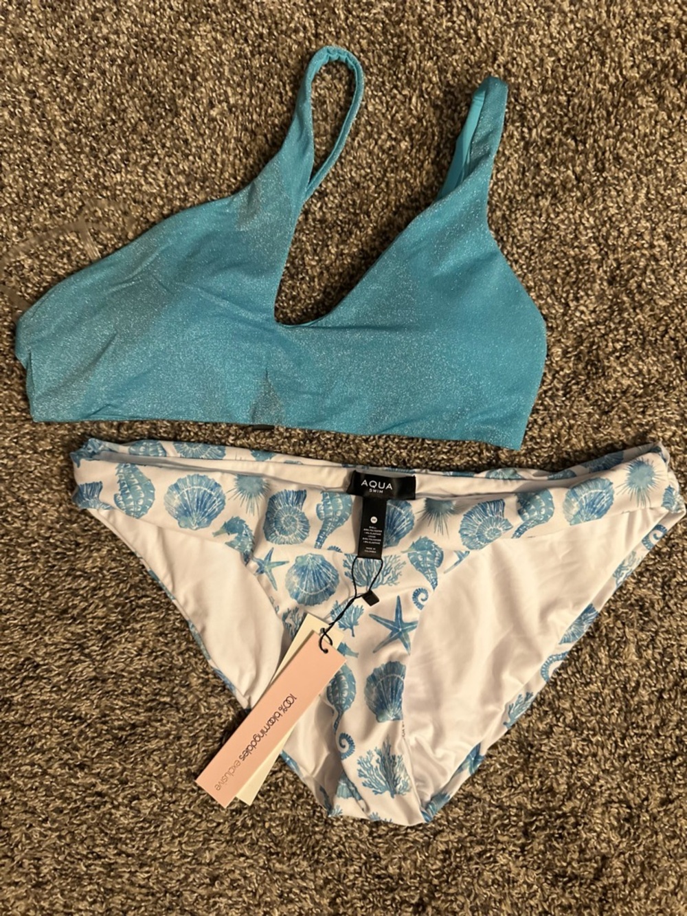 Aqua Shimmer One-Shoulder Cutout Bikini Top in Turquoise